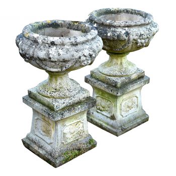 Pair of Mid Century Urns on Decorated Square Plinths