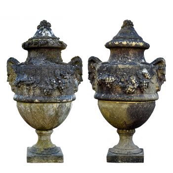 Pair of Lidded Urns with Satyr Mask Handles
