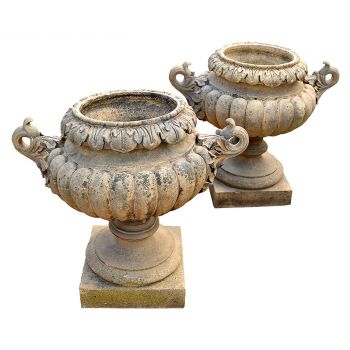 Pair of English Stoneware Urns by James Pulham on Plinths