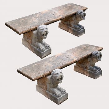 Rosso Verona Marble Lion Benches